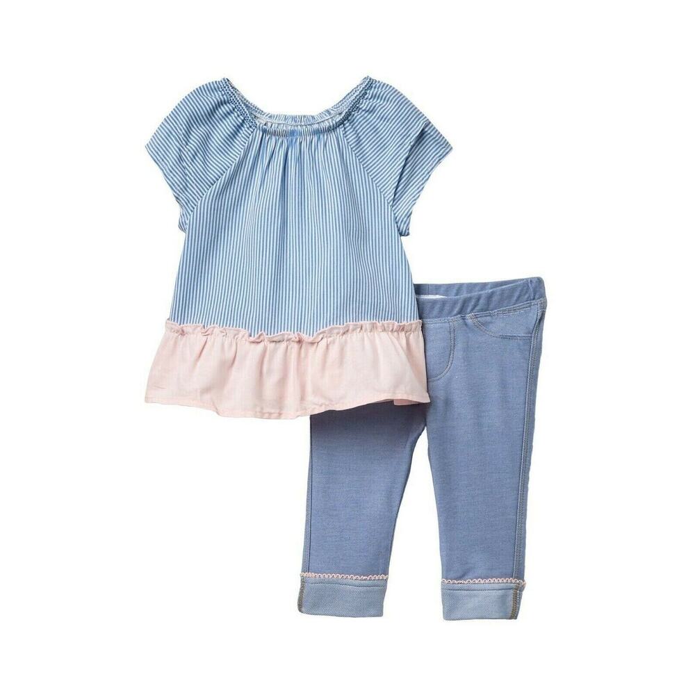 BCBGirls Baby Girl Blue White Chambray Tunic Top & Jeggings Pant 2 Piece Set 12m